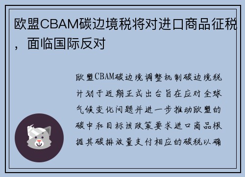 欧盟CBAM碳边境税将对进口商品征税，面临国际反对